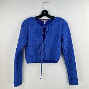 Urban Outfitters Tie Front Shirt M Blue Cropped Popcorn Textured Quilted Spring